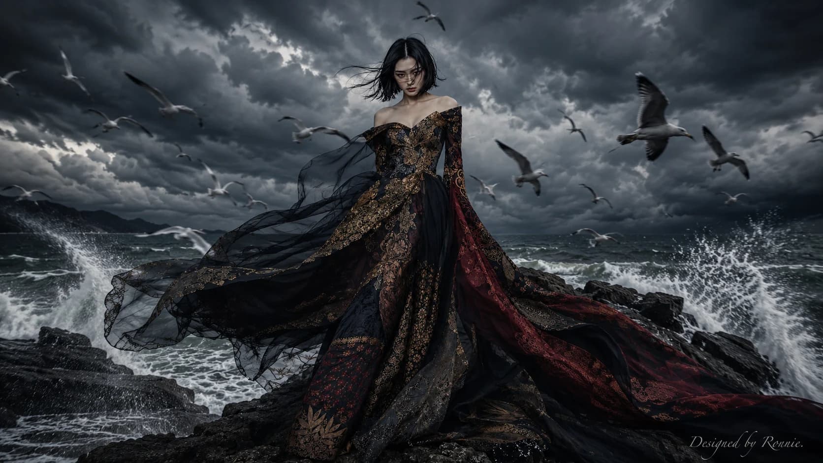 Batik NXT black and crimson couture campaign above a storm-lit coast