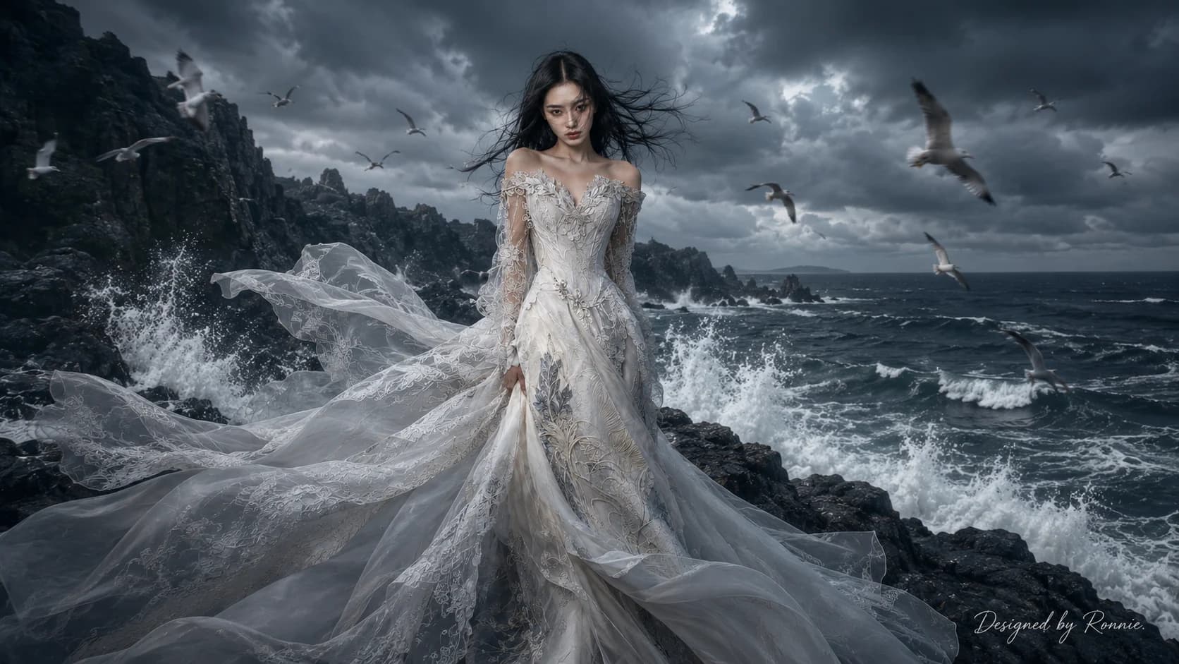 Ivory Ritual lace campaign on a dramatic coast