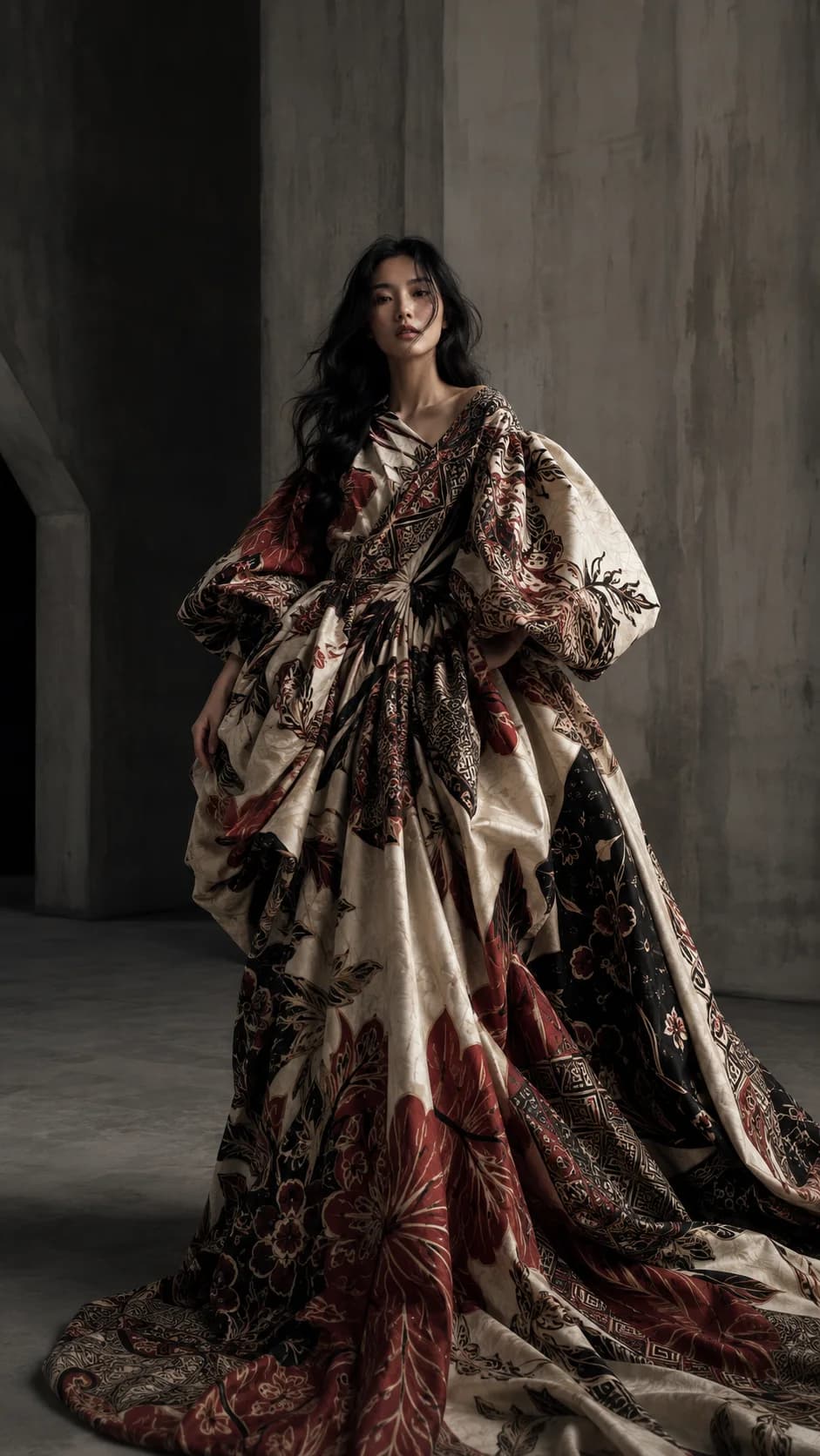 Sculptural ivory, crimson and black batik couture gown