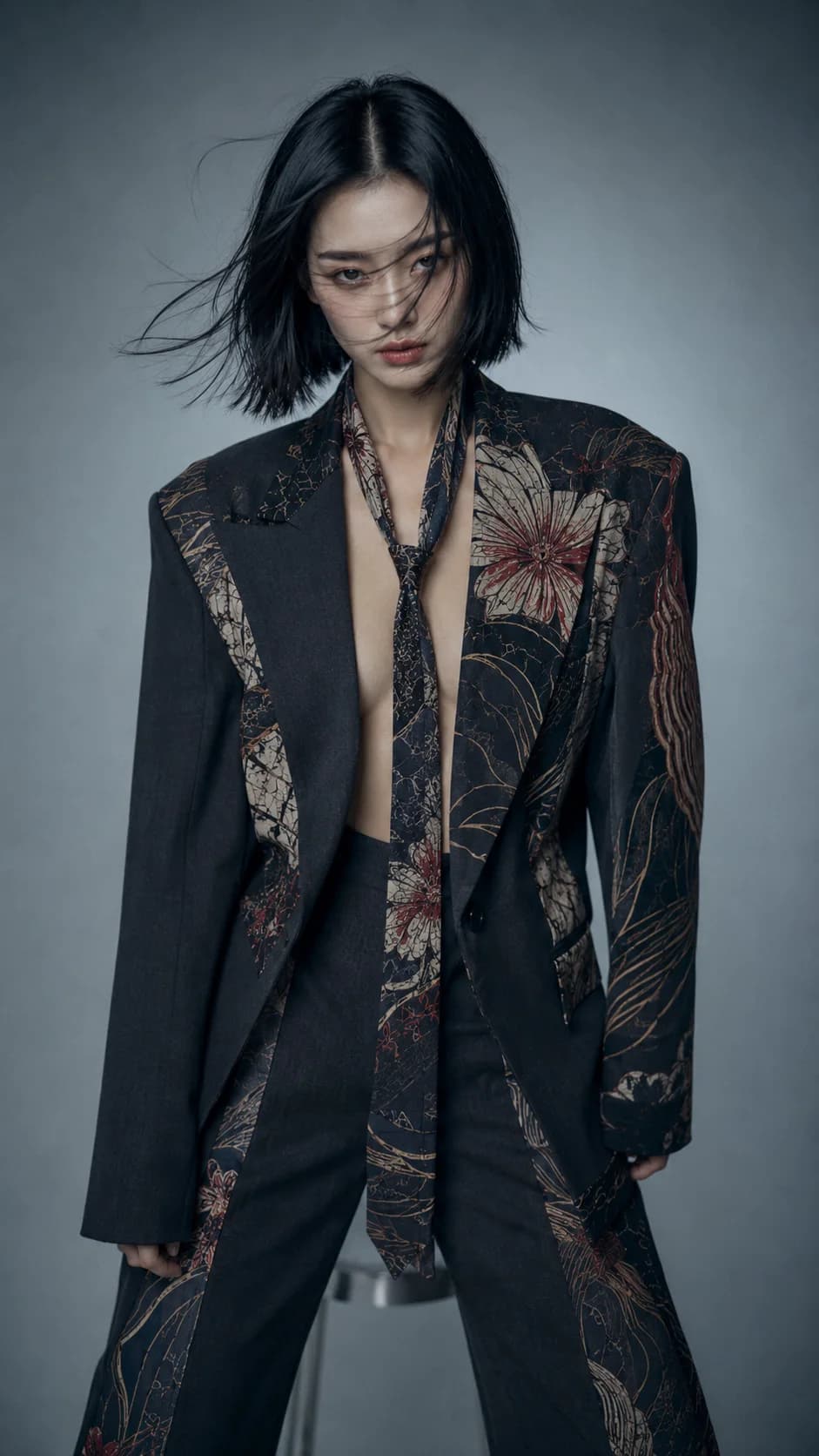Black tailored batik suit with botanical paneling