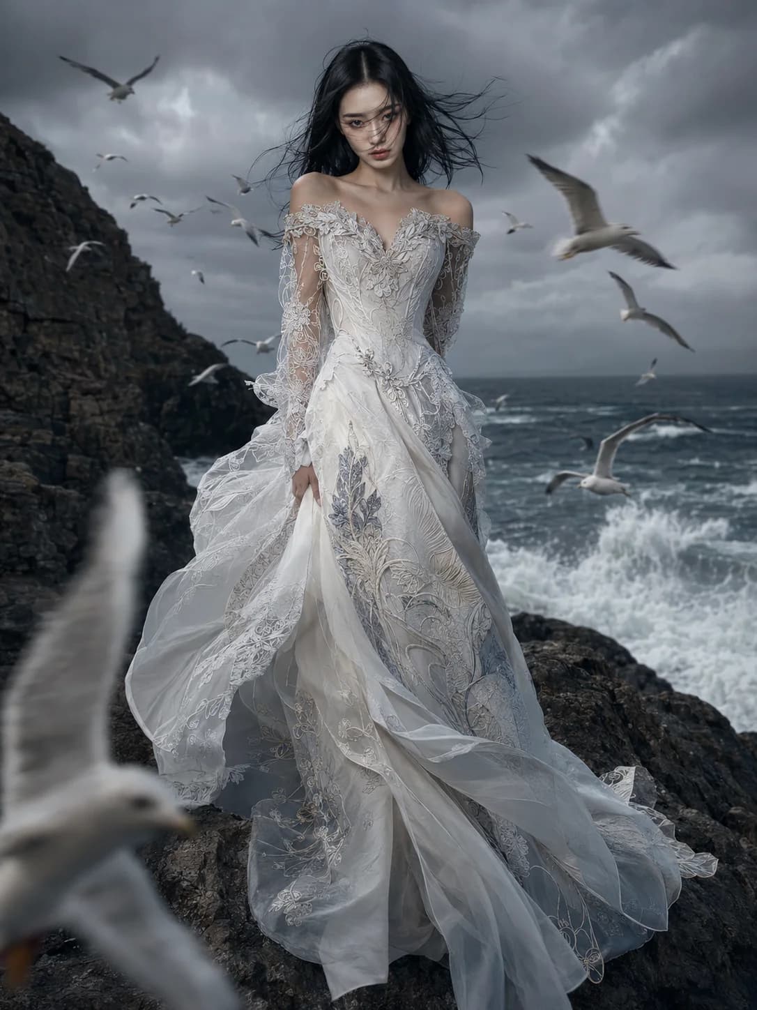 Ivory lace couture gown above a storm-lit coast